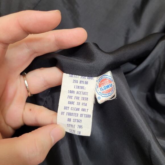 Vintage ILGWU real fox fur trim trench coat peacoat jacket wool - Picture 14 of 15